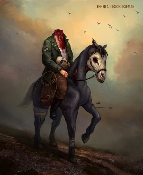 The Headless Horseman, Western Artwork, Headless Horseman, Character Inspiration Male, West Art, Scary Art, Western Art, Dieselpunk, Halloween Season