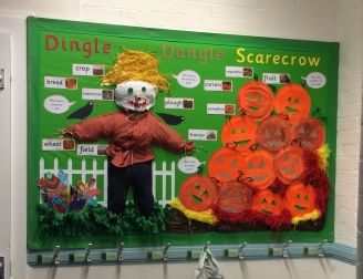 Dingle Dangle Scarecrow Music Board | Teaching Ideas Display Boards Nursery, Autumn Display Eyfs, Autumn Display Boards, Scarecrow Display, Nursery Display Boards, Preschool Displays, Scarecrow Ideas, Nursery Rhymes Activities, Nursery Crafts