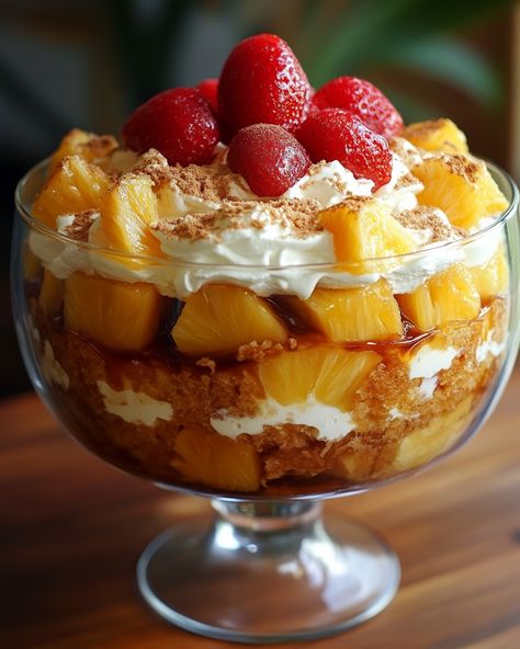 "This Pineapple Upside-Down Trifle is a delightful dessert that brings the classic flavors of pineapple upside-down cake into a layered, creamy trifle. Perfect for gatherings and parties!  Everyone will be asking for seconds! Make sure to grab your spoons, it’s a crowd-pleaser.   Ingredients: - 1 can of pineapple slices - 1 package of yellow cake mix - Whipped cream (homemade or store-bought)  For the full recipe and steps, check the link in first comment [👇] [👇].  #PineappleUpsideDown #DessertHeaven #TrifleLove #PartyDessert #YummyLayers" Pineapple Trifle, Whipped Cream Homemade, Pineapple Slices, Pineapple Upside, Pineapple Upside Down Cake, Pineapple Upside Down, Homemade Whipped Cream, Yellow Cake, Upside Down Cake