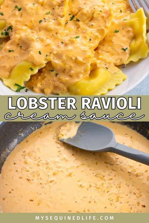 Lobster ravioli cream sauce in a pan and then served over ravioli. Ravioli Cream Sauce, Sauce For Lobster, Ravioli Dinner Ideas, Ravioli Sauce Recipe, Lobster Ravioli Sauce, Ravioli Sauce, Lobster Sauce, Ravioli Pasta, Lobster Ravioli