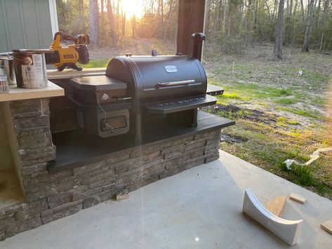 Backyard Smoker Area, Built In Smokers In Outdoor Kitchens, Patio Smoker Station, Pit Boss Outdoor Kitchen, Outdoor Smoker Kitchen, Backyard Smoker Station, Smoker Bbq Design, Outdoor Smoker Grill Area, Outdoor Kitchen Smoker