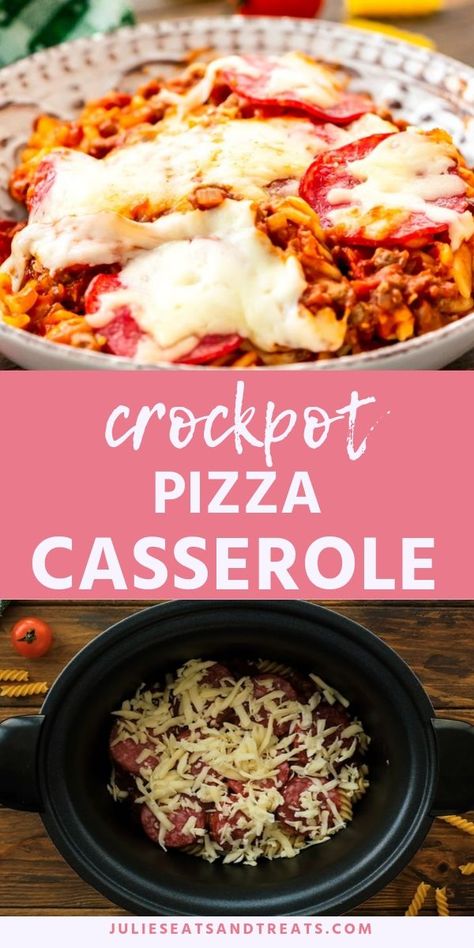 Crockpot Pizza Casserole is an easy dinner recipe in your slow cooker! It's your favorite casserole that is ready when you come home after a busy day. Layers of pasta, pizza sauce, ground beef, cheese and pepperoni! #pizza #casserole Pizza Hotdish Crockpot, Slow Cooker Pepperoni Pizza Bake, Pizza Casserole Crockpot, Crockpot Pizza Casserole, Crockpot Pizza, Crockpot Chicken Tacos Recipes, Pepperoni Pizza Casserole, Hamburger Sauce, Crockpot Dinners Healthy