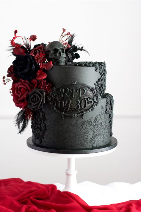 Couture Style Gothic RIP my youth/RIP my 30's cake by The Velveteen Cake Co. Gothic Birthday Cakes, Iron Mountain Michigan, Skull Wedding Cakes, Black Buttercream, Michigan Upper Peninsula, Gothic Cake, Adult Cake Smash, Home Cake, 30th Birthday Bash