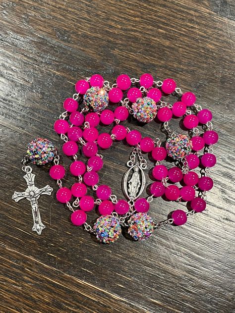 Love this beautiful hot pink rosary! #glamrosary #catholic #hotpink #barbievibes #makeprayerpretty Christmas Rosary, Nancy Rodriguez, Hot Pink Cars, Pink Rosary, Car Rosary, Pink Car, Prayer Beads, First Communion, Fort Worth