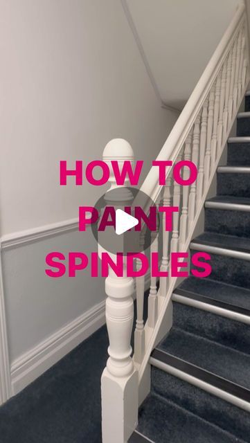 Charlotte Allen | HOW TO DIY on Instagram: "HOW TO PAINT SPINDLES! 

Here’s my process painting spindles going from old oil based discoloured spindles to sparkling white waterbased ✨

I wasn’t able to use my electric sander due to this being an office building for a local accountants and everyone was constantly on and off the phones to clients so it was old school sanding by hand 🖐️ 

Obviously I do recommend a small electric sander if you’ve got one to use on the flatter sections but as you can see it’s very achievable either way. 

Products used 👇
☑️Sanding pad in 60 grit- these can be purchased from most decorating stores and online and places like toolstation/screwfix also sell them
☑️Sandpaper in 120 grit
☑️Mini roller I used was Prodec Ice Fusion Micro Roller
☑️Angled brush - I’m u Painted Staircase Spindles, Painting Spindles On Staircase, Paint Spindles, Stripping Paint From Wood, Process Painting, Electric Sander, Stripping Paint, Decorating Themes, Angled Brush