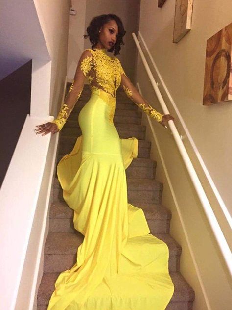 Trumpet/Mermaid High Neck Long Sleeves Sweep/Brush Train Applique Satin Dresses Yellow Beach Wedding, Long Sleeve Prom Dress Lace, Yellow Prom Dress, Tailored Dresses, Yellow Mermaid, Yellow Prom, Prom Dress With Train, African Prom Dresses, Prom Dresses Yellow