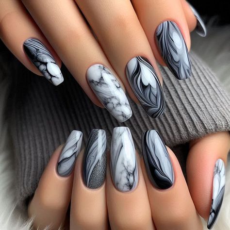 Bold Marble, Almond Nail Ideas, Black Marble Nails, Water Marble Nail Art, Grey Nails, Grey Nail Designs, Navy Blue Nails, Water Marble Nails, Marble Nail Designs