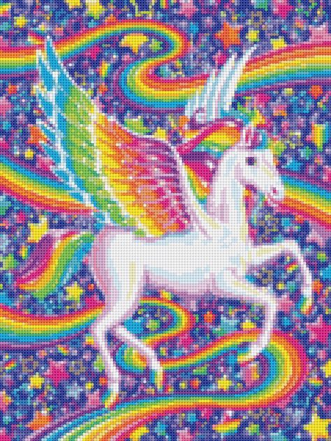 Lisa Frank Pixel Art, Lisa Frank Cross Stitch, Lisa Frank Cross Stitch Patterns, Unicorn Plastic Canvas Patterns, Plastic Canvas Unicorn Pattern, Cross Stitch Lisa Frank, Unicorn Knitting Pattern, The Last Unicorn Cross Stitch, Chicano Tattoos Lettering