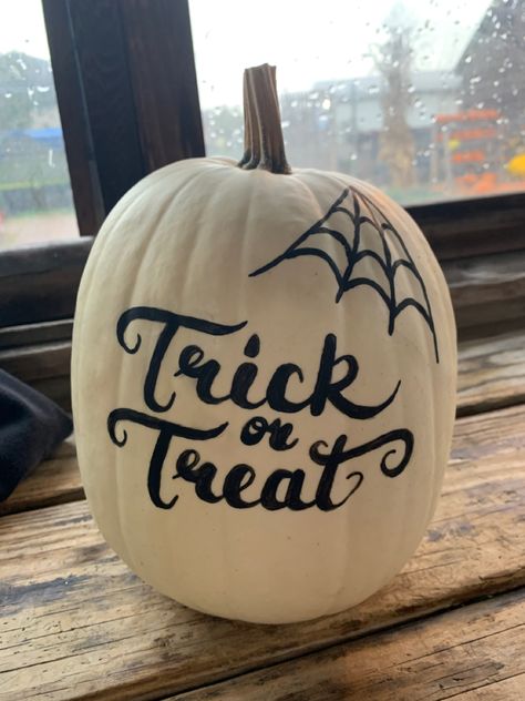 Trick Or Treat Painted Pumpkin, Spider Web Painted Pumpkin, Pumpkin Painting Black And White, Pumpkin Painting Ideas Black And White, Easy Spooky Pumpkin Carving, Pumpkin Night Aesthetic, Black And White Painted Pumpkins, Spider Web Pumpkin Painting, Spider Pumpkin Painting