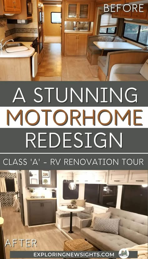 Remodeling Motorhome Rv Interior, Remodeling Motor Home Ideas, Motorhome Remodel Before And After, Class A Renovation Ideas, Motorhome Kitchen Remodel, Rv Renovation Ideas Motorhome, Farmhouse Camper Makeover, Renovating An Rv, Motorhome Interior Remodel