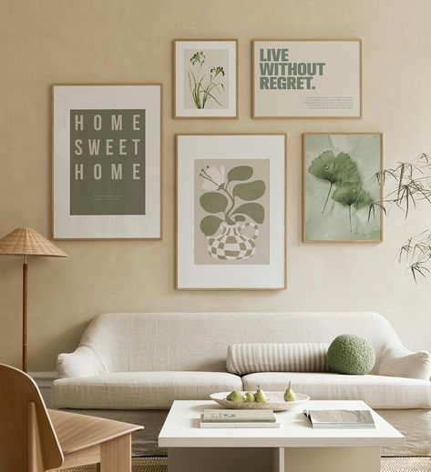 Illustration and text prints in beautiful green colors. These prints will bring a soft and welcoming feeling into your home. Get the gallery wall here! Desenio Posters, Gallery Wall Template, Small Gallery Wall, Green Living Room Decor, Oak Picture Frames, Large Gallery Wall, Text Poster, Latest Interior Design Trends, Green Colours