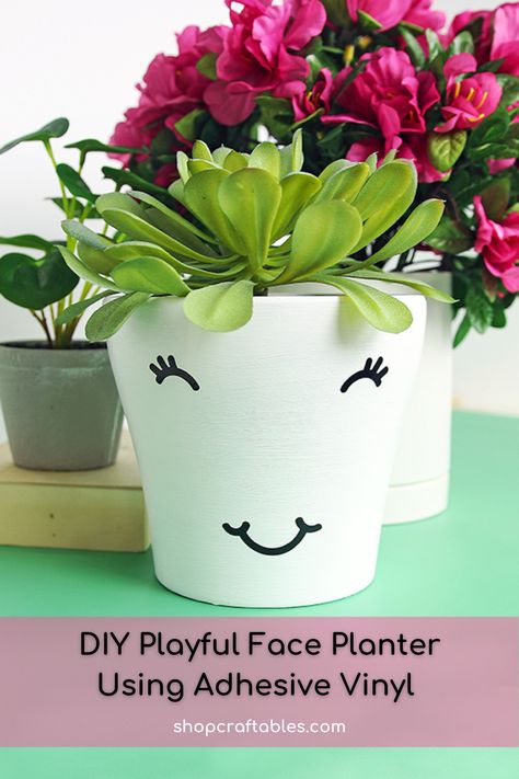 Easily transform a plain terra cotta planter into a playful face planter using black adhesive vinyl and acrylic paint! Terra Cotta Planters, Vinyl Board, Face Planters, Gift Box Design, Terracotta Planter, Diy Vinyl, Weekend Projects, Cricut Projects Vinyl, Vinyl Crafts