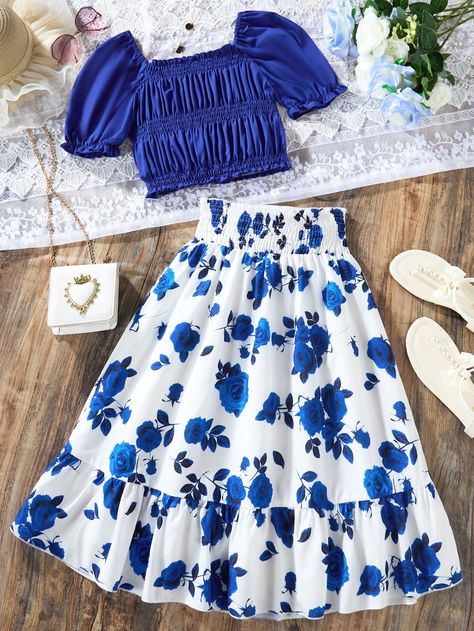 Royal Blue Boho Collar   Floral  Embellished Non-Stretch  Teen Girls Clothing Cute Outfits For Kids 10-12 Girls Style, 13 Birthday Outfits, Clothes For Girls 10-12, Cute Outfits For Kids 10-12, Girl Clothes Ideas, Outfit Ideas For Teens, Cute Girl Clothes