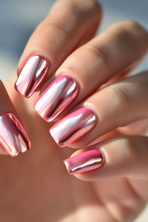 Elegant Coral Nails, Spring Chrome Nails 2024, Bright Pink Chrome Nails, Nails Ombre Chrome, Coral Chrome Nails, Chrome Nails Ombre, Spring Chrome Nails, Nail Designs Fun, Simple Prom Nails