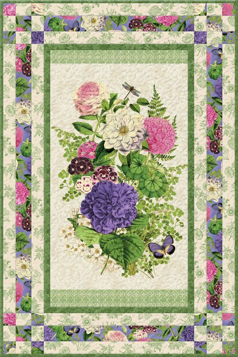 Flower Show I Free Quilt Pattern Jelly Roll Quilt With Panel, Quilt Pattern Using Large Floral Print, Panel Patterns For Quilts, Quilt Pattern With Center Panel, Simple Panel Quilt Patterns, Quilt Panels With Borders, Simple Panel Quilts, Large Panel Quilts, Panel Quilts Patterns