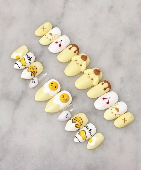 Pompompurin Nail Art, Shinchan Nail Art, Pom Pom Purin Nails, Ditto Nails, Sanrio Nails Acrylic, Gudetama Nails, Cinnamon Roll Nails, Keroppi Nails, Pompompurin Nails