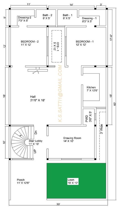 30' X 60' plot house plan 30x60 House Plans, Plot Plan, Courtyard Design, Detailed Plans, House Plan, Layout Design, Bedroom Design, House Plans, Projects To Try