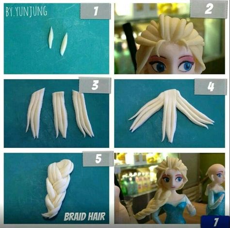 Elsa's braid hair Fondant Hair, Fondant People, Bolo Frozen, Elsa Cakes, Fondant Figures Tutorial, Recipe Cake, Cake Topper Tutorial, Fondant Tutorial, Modeling Chocolate