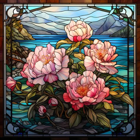 Stained Glass Iridescent Peony Set Peonies Flowers Floral - Etsy Stained Glass Quilt, Wall Stickers Living Room, Pink Bouquet, Stained Glass Designs, Peony Flower, Stained Glass Art, Stained Glass Windows, Glass Design, Art Pictures