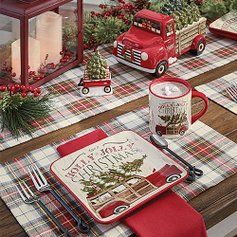 Truck Kitchen, Red Truck Decor, Truck Decor, Christmas Table Setting, Truck Theme, Christmas Red Truck, Tartan Christmas, Christmas Tablescape, Christmas Interiors