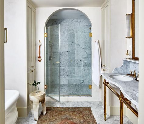 Double Shower Heads, Grey Marble Tile, Hidden Closet, Vintage Faucet, Pine Hill, Marble Shelf, Double Shower, Bathroom Laundry, Plaster Walls