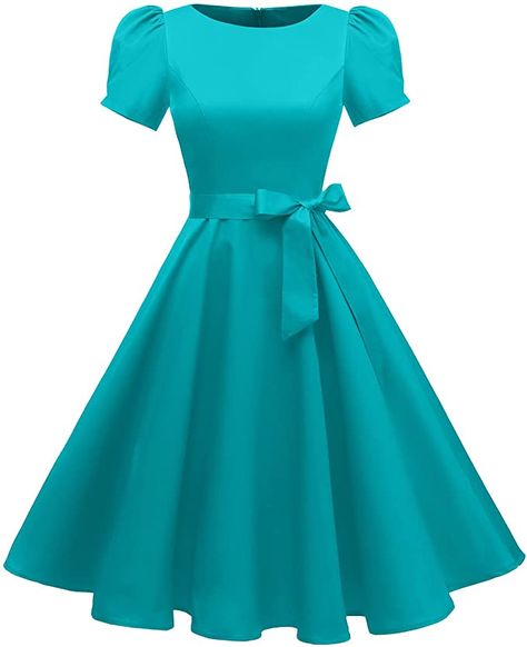 tagunop Women's Boatneck Vintage 1950s Cocktail Party Dress with Puff Sleeves Turquoise M at Amazon Women’s Clothing store Modest Short Dresses, 1950s Cocktail Party, Fashion 50s, Floral Prom Dresses, Dress With Puff Sleeves, Frock For Women, Teal Dress, Cocktail Party Dress, Vestido Casual