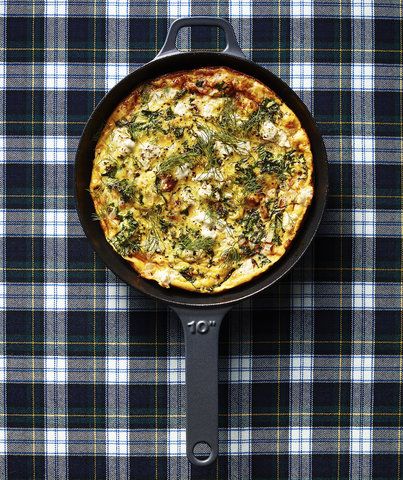 Kale and Goat Cheese Frittata | Yes, frittatas are often enjoyed at brunch time. But chopped curly kale and fresh dill make this version perfectly suitable for dinner—and if there are any leftovers, you can enjoy them for breakfast. When you’re whipping it up, don’t skip the nonstick skillet, as it’s crucial for easy serving. When you do go to serve, remember not to use a knife on your nonstick surface. If possible, scoop portions out with a big spoon (preferably rubber). This dish lasts for... Kale And Goat Cheese, Curly Kale, Goat Cheese Frittata, Cheese Frittata, Kale Recipes, Frittata Recipes, Brunch Time, Goat Cheese Salad, Nonstick Skillet