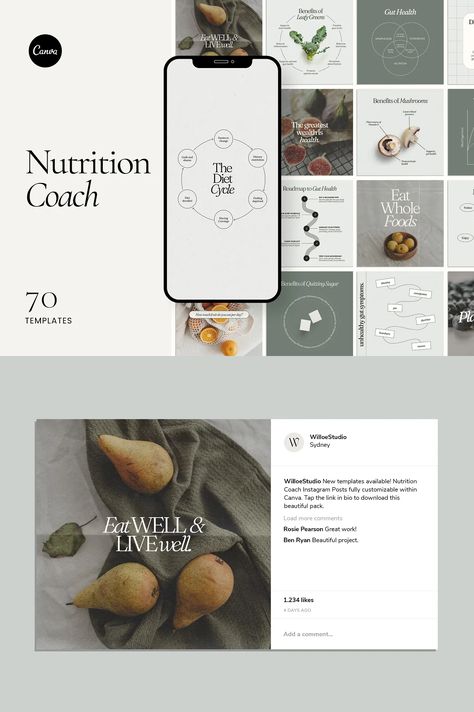 Nutrition Coach Template - Canva - Siteoutsite Nutrition Graphics, Nutrition Website Design, Ransom Note Letters, Nutritionist Branding, Nutrition Instagram, Nutrition Website, Nutrition Meal Plan, Ransom Note, Not Drinking Enough Water