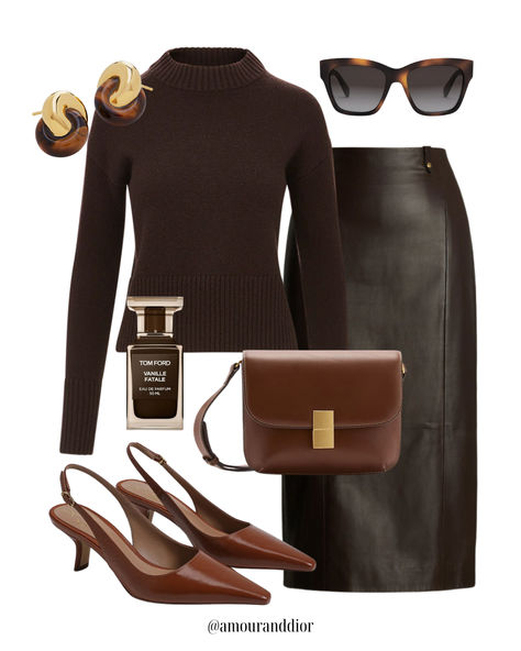 Styling a brown leather midi skirt for fall 🍁🍂🤎🧸 Fall outfit, leather skirt, faux leather, midi skirt, dark drown, espresso brown, chocolate brown, tortoiseshell, cashmere sweater, oversized sweater, brown sweater, crew neck jumper Dark Brown Jumper Outfit, Brown Sweater Black Skirt, Faux Leather Midi Skirt Outfits, Dark Brown Leather Skirt Outfit, Brown Leather Midi Skirt Outfit, Long Brown Leather Skirt Outfit, Dark Chocolate Outfit, Knee Length Leather Skirt Outfit, Brown Leather Skirt Outfit Winter