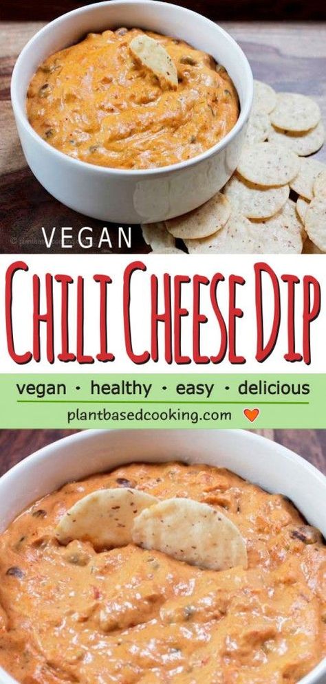 Chili Cheese Dip - This hearty dip is loaded with creaminess and a kick that will satisfy the strongest of cravings. It's a well-rounded party staple will be a hit with guests. This tangy dip feels as good as a warm blanket on a cold winter’s day. #plantbased #vegan #wfpb #cheesedip Chili Cheese Dip, Chili Cheese Dips, Vegan Dip, Vegan Chili, Vegan Sauces, Chili Cheese, Vegan Appetizers, Warm Blanket, Cheese Dip