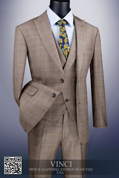 Tan Khaki Vested Glen Plaid Modern Fit Suits for Men Vinci Style MV2W-1 Modern Fit Suit, Khaki Vest, Glen Plaid, Fitted Suit, Men's Suits, Modern Fit, Mens Suits, Plaid, For Men