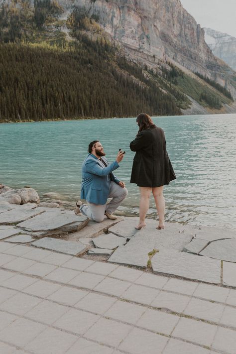 Proposal In Banff, Surprise Proposal Ideas, Magical Lake, Proposal Surprise, Lake Engagement Photos, Proposal Pictures, Banff Wedding, Lake Engagement, Engaged Couple