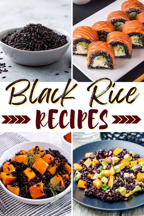 Eat like royalty with these once forbidden black rice recipes. Loaded with antioxidants and nutrients, this incredible grain is ideal for a family feast. Black Rice Dishes, Black Rice Meals, Recipes With Black Rice, Vegan Black Rice Recipes, Black Rice Salad Recipes, Black Rice Recipe Dinners, Purple Rice Recipes, Forbidden Black Rice Recipe, Campervan Meals