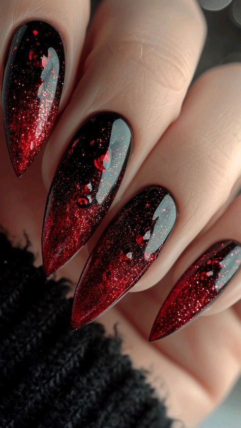 Black And Red Dip Powder Nails, Red With Black Design Nails, Nail Art Designs Gel Extensions, Black And Red Nails Matte, Red Black Glitter Nails, Red Nail Theory Nails, Almond Black And Red Nails, Red Black Nails Ideas, Once Upon A Time Nails