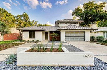 Painted Brick Patio, Hip Roof Design, Glass Garage, Contemporary Entryway, Contemporary Stairs, Modern Roofing, Brick Patio, Door Metal, Glass Garage Door