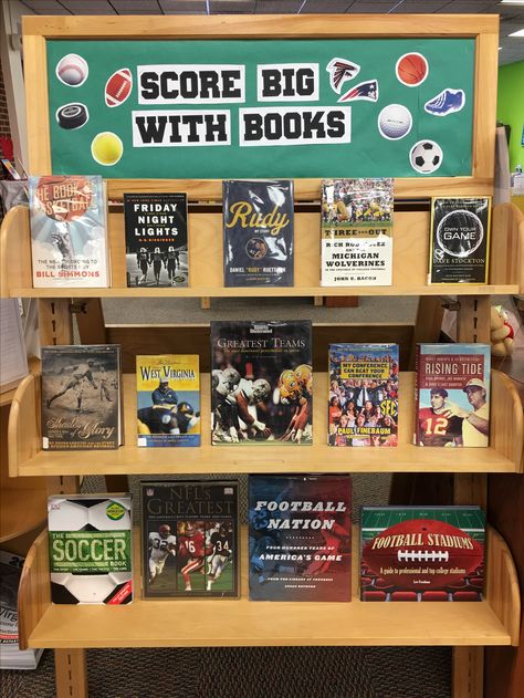 Sports themed library book display. "Score big with books." Month Themes, Library Job, School Library Book Displays, Librarian Ideas, School Library Lessons, March Reading, Read A Thon, Class 2023, Reading Night