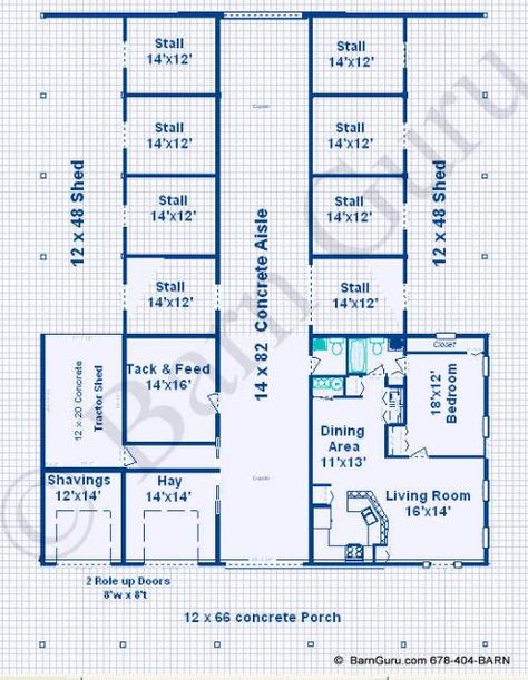 8 Stall Horse Barn With Living Quarters - Design Plan - Ga Horse Barn Builder Barndominium Floor Plans With Horse Stalls, House With Barn Attached, Horse Barn Layout Floor Plans, 6 Stall Horse Barn Plans, Barndominium With Horse Stalls, 4 Stall Horse Barn Plans, Horse Barn Floor Plans, Small Paddock, Barndominium Prices