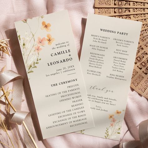 Boho Wildflower Wedding Program Wildflower Wedding Bridesmaids, Creative Wedding Programs, Leonardo And Kate, Boho Wildflower Wedding, Boho Floral Wedding, Elegant Wedding Programs, Boho Wildflower, Copper Wedding, Wildflower Wedding