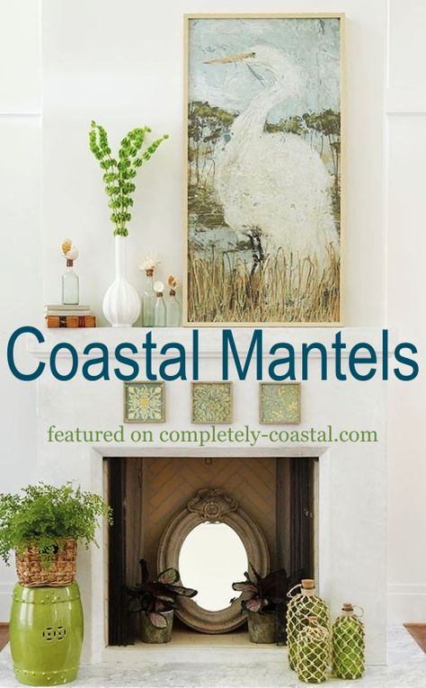 Stylish coastal fireplace mantel ideas featured on Completely Coastal to create a beautiful sea inspired focal point in your living room. Coastal Fireplace Mantle Decor, Coastal Stone Fireplace Ideas, Coastal Fireplace Ideas Beach, Coastal Mantle Decorating Ideas, Beach Theme Fireplace, Beach Mantel Decorating Ideas, Beach Fireplace Mantel, Beachy Fireplace Ideas, Beach Theme Fireplace Mantles