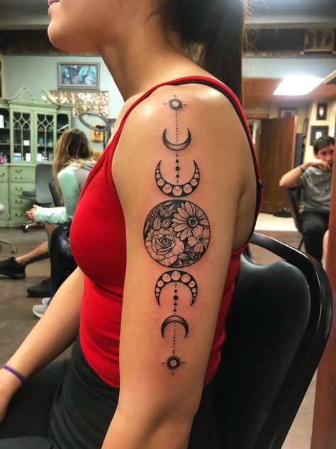 Moon Phases Tattoo Sleeve, Mandala Moon Phases Tattoo, Flower Moon Phases Tattoo, Geometric Moon Phases Tattoo, Floral Moon Phases Tattoo, Moon Stages Tattoo, Celestial Sleeve Tattoo, Tattoo Moon Phases, Moon Phases Tattoo Designs