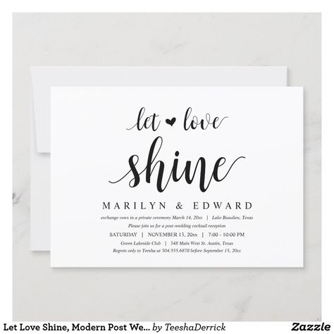 Let Love Shine, Modern Post Wedding Elopement Invitation Modern Bridal Shower Invitations, Elopement Party, Elopement Invitation, Cocktail Wedding Reception, Elopement Reception, Font Lettering, Wedding Reception Invitations, Modern Bridal Shower, Reception Invitations