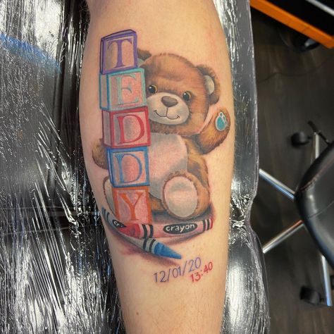 Cute Teddy Bear Tattoos For Women, Block Name Tattoo, Baby Bear Tattoo Ideas For Women, Teddy Bear Tattoo Stencil, Baby Blocks Tattoo, Teddy Bear Tattoo Ideas For Women, Tattoo Idea For Son, Teddy Bear Tattoo Designs, Big Bear Tattoo