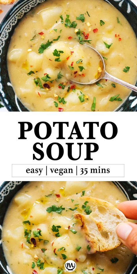 Listen up vegan potato soup lovers, this no-frills ultra creamy soup is for you! #souprecipes #vegansoup #veganpotatosoup #potatosoup 2024 Healing, Healthy Potato Soup, Veggie Entrees, Vegan Potato Soup, Soup Lovers, Potato Soup Easy, Creamy Potato Soup, Healing Recipes, Vegan Soup Recipes