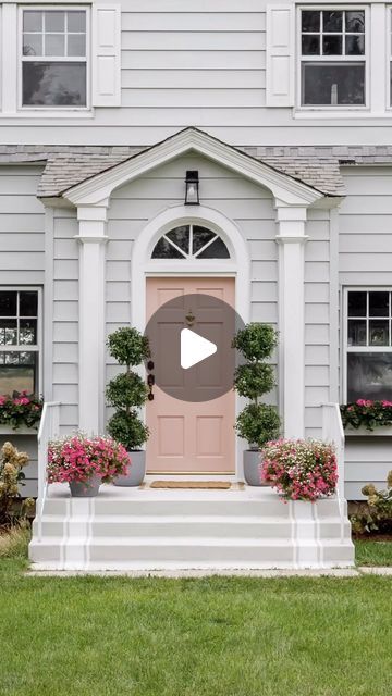 Marg & Liz Interior Design on Instagram: "We found the perfect pink door color! Sherwin Williams Smoky Salmon. Just the perfect mix of coral and a soft pink but not too pink😍Save for your next future project you want to bring in some pink.  House body: SW Silver Strand" Sw Silver Strand, Pink Shutters, White House Black Trim, Smoky Salmon, Silver Strand, Pink Door, Front Steps, Pink House, Perfect Pink