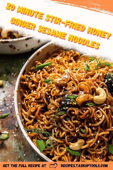 Indulge in a quick and delicious meal with this 20 Minute Stir-Fried Honey Ginger Sesame Noodles recipe. Perfect for busy weeknights, this dish combines the sweet and spicy flavors of honey and ginger with the nutty aroma of sesame. Enjoy a burst of Asian-inspired taste in every bite. Easy to make, packed with flavor, and sure to become a family favorite. Follow along for step-by-step instructions and cooking tips to perfect your stir-fry game. Save this recipe for Honey Soy Noodles, Sesame Ginger Noodles, Asian Noodle Recipes Easy, Pork Noodles Recipe, Noodle Sauce Recipe, Ginger Noodles, Peanut Butter Ramen, Sesame Noodles Recipe, Inspired Taste