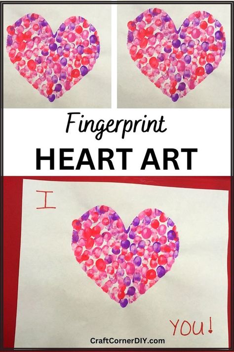 Picture of fingerprint heart art. Fingerprint Art Kids, Art Craft For Kids, Valentines Art For Kids, Heart Art Painting, Valentine's Day Kids, Mothers Day Cards Craft, Easy Craft For Kids, Fingerprint Heart, Fingerprint Crafts