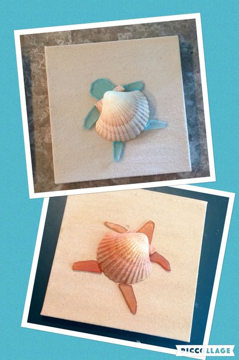 Diys Using Sea Shells, Shell Art Turtle, Seashell Turtle Craft, Canvas Shell Art, Diy Bathroom Art, Sea Turtle Beach Glass Art, Sea Glass Turtle, Seashell Wall Art Turtle, Glass Turtle