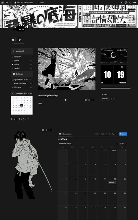 ☆ notion black manga dashboard notiontok ✒️ Work Aesthetic Black And White, Goth Notion Template, Grunge Notion, Notion Organization, Notion Templates For Students, Notion Layout, Google Site Templates, Free Notion Templates, White Widgets