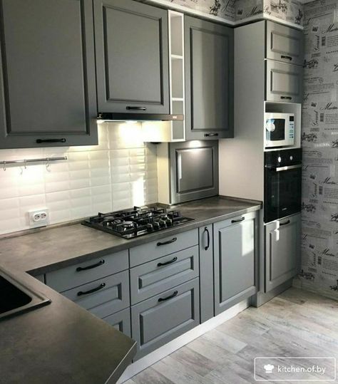 Grey Cabinets With Grey Floors, Gray Kitchen Ideas, Dark Grey Kitchen Cabinets, Kitchen Remodel Modern, Серая Кухня, Grey Kitchen Designs, Dark Grey Kitchen, Simple Kitchen Design, Kabinet Dapur