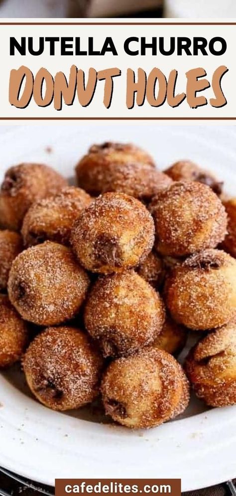 Nutella Churro Donut Holes are oven-baked not fried, filled with Nutella, and coated in buttery cinnamon sugar! An easier Churro fix right at home, with the unmistakable fried taste, only baked at 64 calories each! Satisfy your cravings without increasing your waistline with these extremely addictive and easy-to-make Nutella Churro Donut Holes! Churro Donut Holes, How To Make Zeppoles, Churro Donut Recipe, Protein Churros, Sweet And Salty Churro Bites, Cinnamon Balls Recipe, Churro Balls, Nutella Churros, Filled Donut Holes